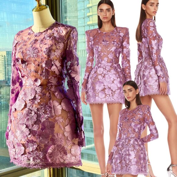 🆕 BRONX & BANCO 🧿 NWOT Bouquet Maraya Long Sleeve Mini Dress, Lilac Sz XS US 2